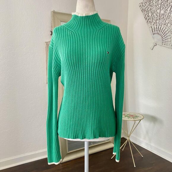 Early 2000's Preppy Tommy Hilfiger Green Cotton Knitted Turtleneck Sweater S - Picture 2 of 8